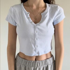 Pacsun Ribbed Blue Snap Button Crop Tee